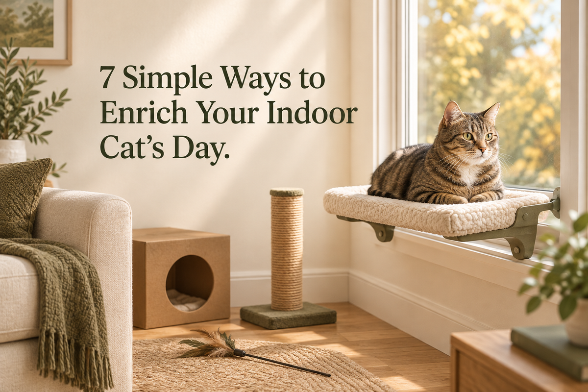 Tabby cat on a secure window perch with indoor enrichment toys