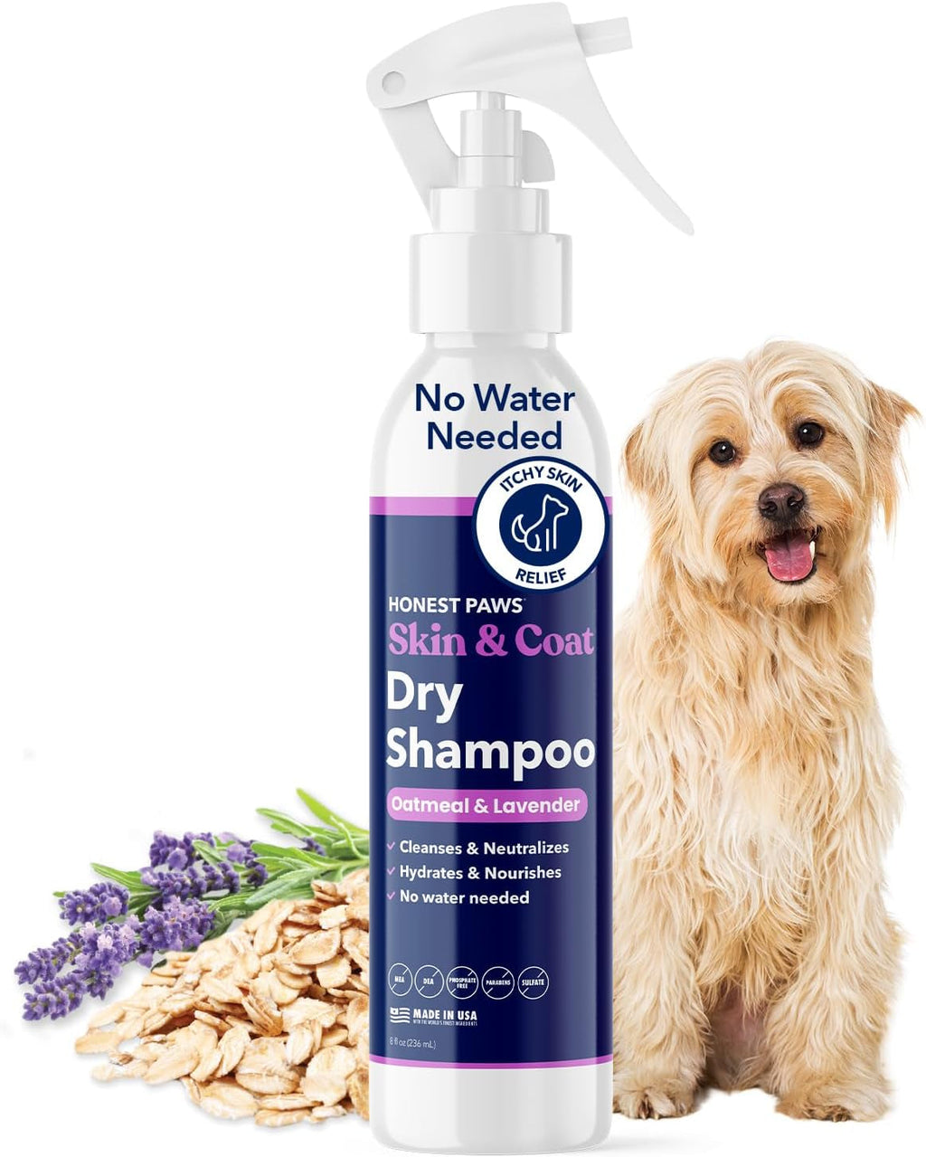 Dog Dry Shampoo Waterless No Rinse Oatmeal Lavender Itch Odor Relief 8oz